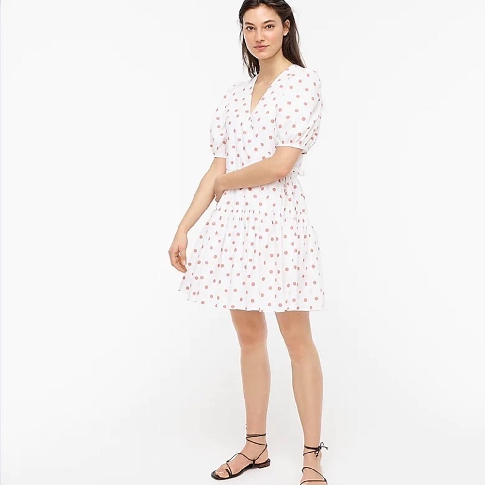 J. Crew Rose Dot White Cotton Poplin Puff Sleeve Wrap Dress